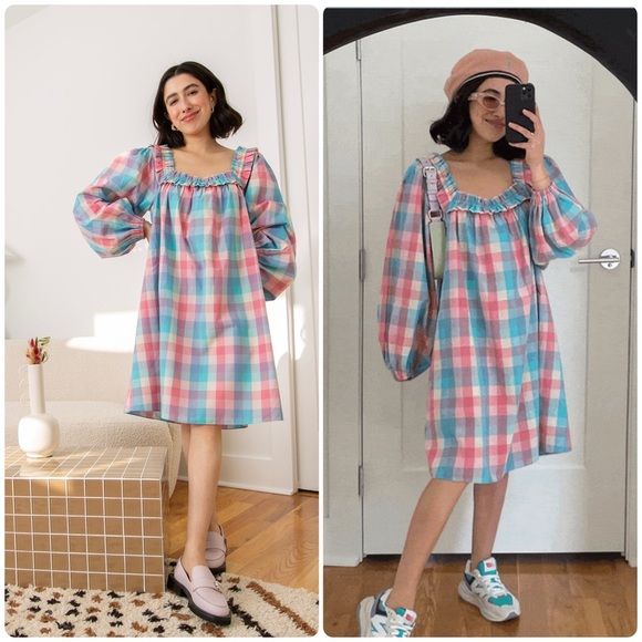New! Ophelia & Indigo April Dress Pink & Blue Woven Gingham Check 💗 Small NWT! - Picture 1 of 9